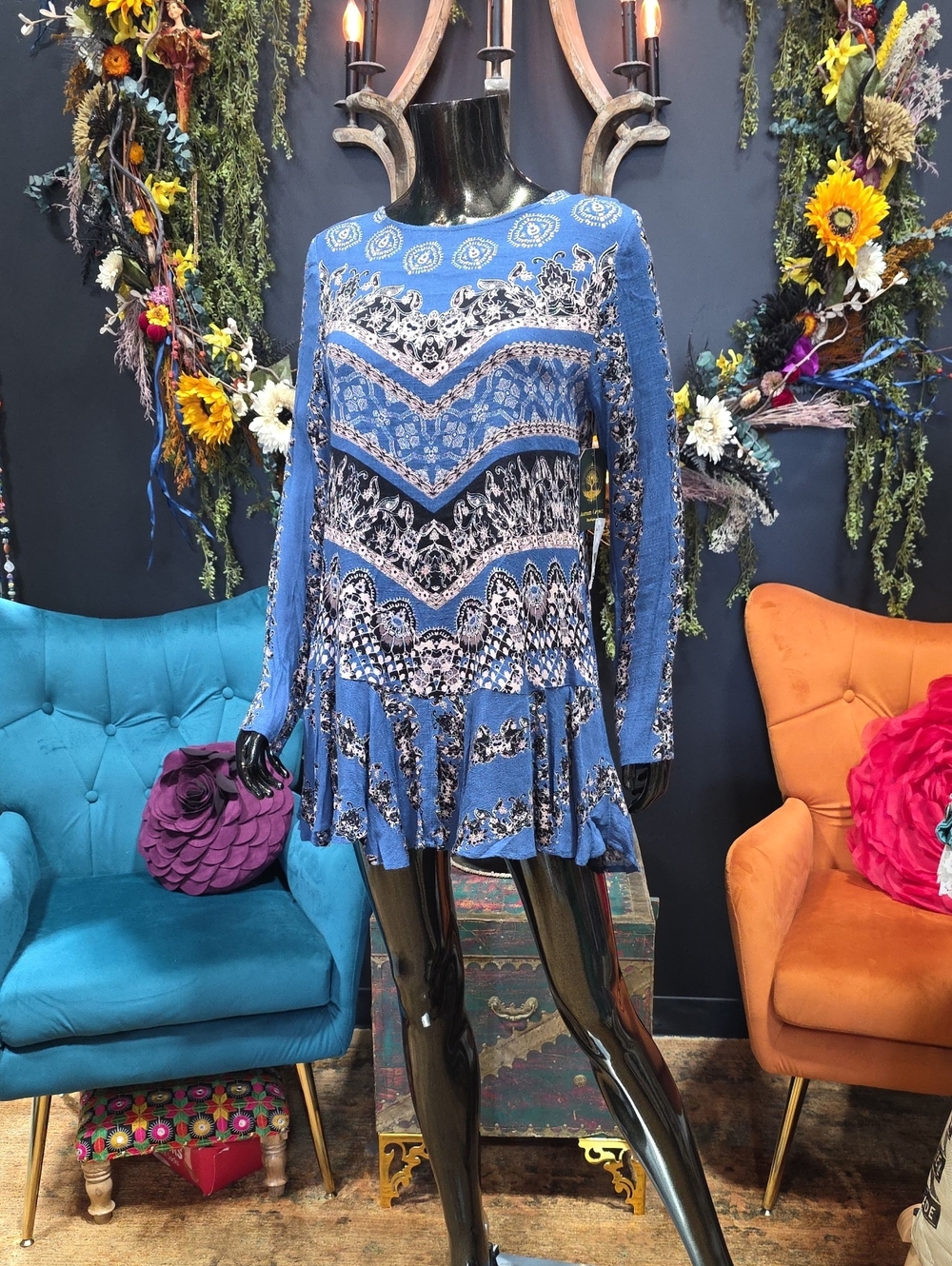 Free People Blue Patterned Long-Sleeve Mini Dress w/ Open Back